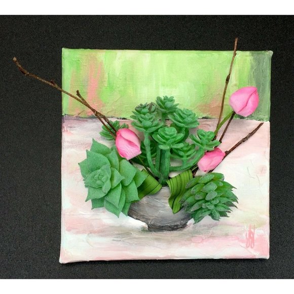 Succulent Plant Painting Original Acrylic Pink Green 6x6 Canvas Mixed Media - Picture 2 of 5